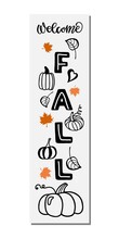 Welcome Fall Front Porch Sign. Vector Hand Drawn Calligraphy Lettering. Autumn Season Design For Home Porch Vertical Signs. Text, Pumpkins Sketch, Falling Leaves. Autumn Mood Holiday