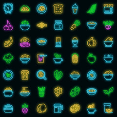 Wall Mural - Healthy breakfast icons set. Outline set of healthy breakfast vector icons neon color on black
