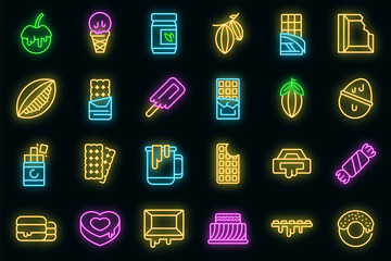 Sticker - Chocolate icons set. Outline set of chocolate vector icons neon color on black