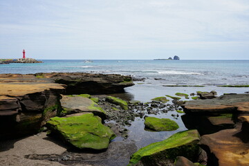 a seaside landscape with a distant island 