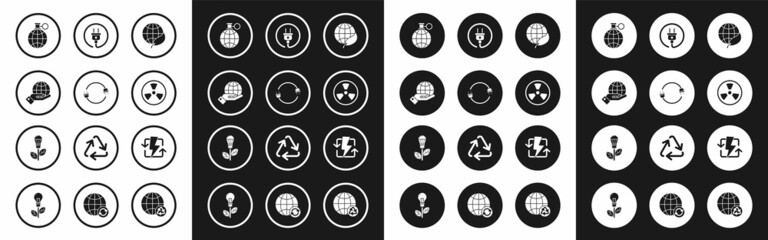 Sticker - Set Earth globe and leaf, Electric plug, Human hands holding, Planet earth recycling, Radioactive, Recharging and Light bulb with icon. Vector