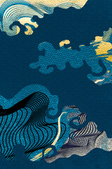 Abstract Art Japanese Simple Gradient Blue Green, Gold and Blue Background with Silhouette Water Stroke, Frequency and Stain Texture on WaterWave Pattern with Cloud Shape