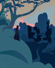 Illustration of a landscape in blue tones, a silhouette of a woman standing on a slope under a large tree, she looks into the distance at the horizon in a pink glow and the outline of a castle