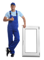 Poster - Worker with plastic window on white background. Installation service