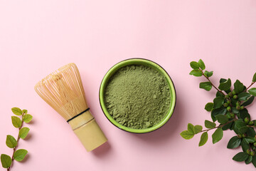 Wall Mural - Concept of japanese tea with matcha on pink background