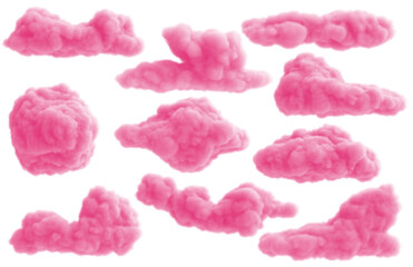 Wall Mural - Set of realistic 3d pink fluffy clouds isolated on white background. Collection beautiful elements. Vector illustration.
