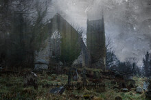 A Spooky, Abandoned Graveyard With A Ruined Church In The Background. With A Vintage, Grunge Edit.