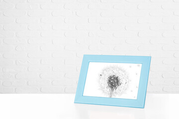 Wall Mural - Light blue color photo frame with dandelion picture at white bricks wall