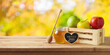 Jewish holiday Rosh Hashana concept with honey jar and apples on wooden table over nature bokeh background