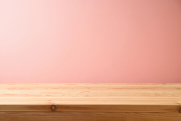 Wall Mural - Empty wooden table over pink wall background.  Interior mock up for design and product display.