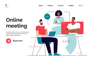 Business concept flat style outline vector illustration on the subject of online meeting, group discussion, video conference. Editable stroke