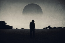 A Moody Horror, Science Fiction Concept, Of A Figure Standing In A Field With A Black Sun In The Sky. With A Grunge Edit