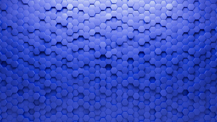 Blue, 3D Wall background with tiles. Polished, tile Wallpaper with Futuristic, Hexagonal blocks. 3D Render