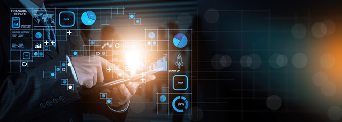 Wall Mural - businessman hand use smart phone computer for finance and marketing concept.