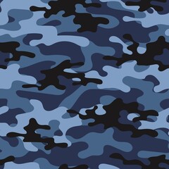 Camouflage blue texture seamless pattern with grid. Abstract modern endless military bacnground for fabric and fashion textile print. Vector illustration.