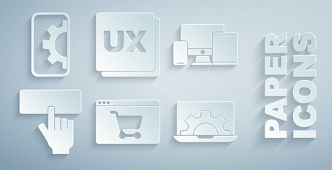 Set Online shopping on screen, Monitor, mobile, tablet, Keyboard, Web development, UI UX design and icon. Vector