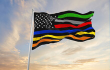 Thin Line First Responder Flag Waving At Cloudy Sky Background On Sunset, Panoramic View. Copy Space For Wide Banner. 3d Illustration