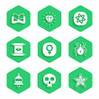 © Vadim - Set Venus, Skull, Pentagram, Spider, Ringing alarm bell, Ancient magic scroll, Tarot cards and book icon. Vector