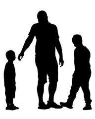 Wall Mural - Father and son are walking down the street together. Isolated silhouette on white background