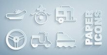Set Scooter, Rv Camping Trailer, Steering Wheel, Cruise Ship, Submarine And Rafting Boat Icon. Vector