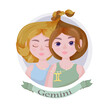 Gemini Zodiac sign as a beautiful girl with lush hair. Set of bright signs of the zodiac. Horoscope. Astronomy. Vector illustration isolated on white background.