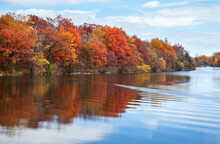 Shoreline Of Minnesota Lake With Trees In Brilliant Color During Autumn