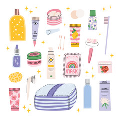 Set of various cosmetics. Cosmetic bag, SPF cream, oil cleanser, foam cleanser, cotton buds, toner, tonic, essence, sheet mask, serum, eye patches, teeth brush. Make up and skin care concept. Vector.