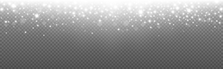 Poster - Glitter silver on transparent backdrop. Glowing lights effect with rays. Shiny particles and silver bokeh. Wide banner with sparks. Vector illustration