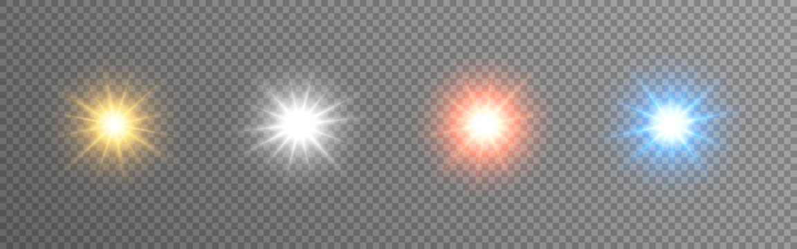Fototapete - Flash lights set on transparent backdrop. Color stars collection. Bright Christmas elements. Gold, silver and bronze light effect. Sparkling blue flares. Vector illustration