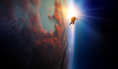 Wall Mural - spaceman and planet, human in space concept . mixed media