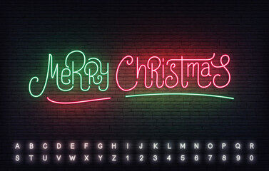 Wall Mural - Merry Christmas neon lettering template. Bright sign for Christmas celebration