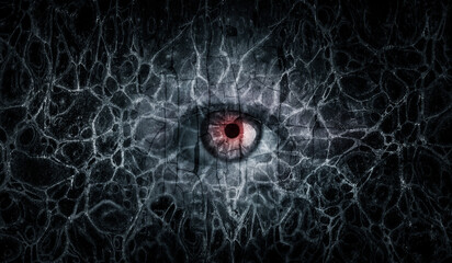 Mysterious eye from darkness.  Сoncept on psychological topic of addiction (drug addiction, alcoholism) and horror, Gothic, fear. Eye of a hacker, a gamer is surrounded by pattern of cobwebs, crack.