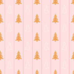 Wall Mural - Colourful christmas cookies seamless pattern with gingerbread xmas tree on pink background with stripes, wrapping paper design or ornament for textile, winter holidays theme