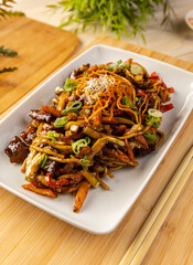 Canvas Print - Pork stir fried with noodles and vegetables