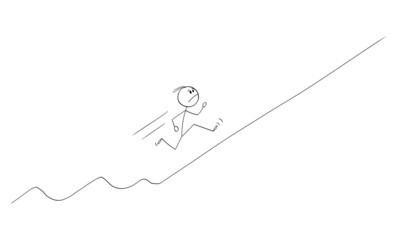 Poster - Frustrated Man or Businessman Running Uphill Rising Financial Graph, Vector Cartoon Stick Figure Illustration