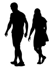 Sticker - Young man and woman walking at street. Isolated silhouette on a white background