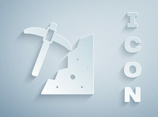 Poster - Paper cut Pickaxe icon isolated on grey background. Paper art style. Vector