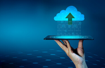 Digital data set of binary numbers being sent to the clouds on a blue background.