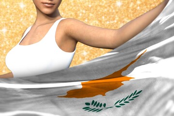 sexy lady holds Cyprus flag in front on the red shining sparks background - flag concept 3d illustration