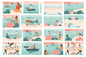 Hand drawn vector abstract stock graphic summer time cartoon, contemporary illustrations prints bundle collection set with beach surfers group characters,mermaids and family beach scenes backgrounds.