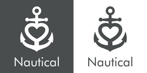 Sticker - Logotipo con texto Nautical y ancla de barco con forma de corazón en fondo gris y fondo blanco