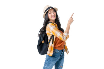 traveller adult attractive cheerful smiling asian female wear casual cloth with hat and purse ready to travel in summer time vacation ideas concept isolate white background