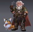 A fantasy painting illustration of the old man blacksmith dwarf and his corgi dog.