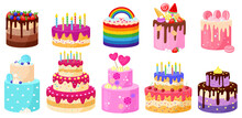 Cartoon Birthday Holiday Party Celebration Delicious Cakes. Happy Birthday Chocolate And Strawberry Candles Cakes Vector Illustration Set. Birthday Decorated Desserts