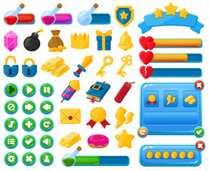 Cartoon mobile game user interface kit elements. Casual game interface menu buttons, trophies and bars vector illustration set. Mobile game user interface icons