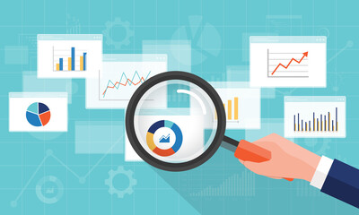 Aufkleber - flat business analytics graph dashboard and finance investment planning background with hand hold magnifying glass for research concept