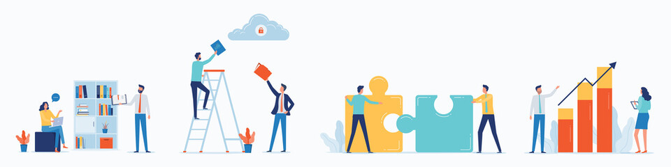 Poster - flat vector business people team working meeting and set cartoon character design for web design and mobile application concept