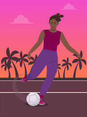 Wall Mural - A cute African girl or woman in sportswear is hitting the ball. Sports vector illustration. The player plays European football, soccer. Women's football (soccer). Background with sunset and palm trees