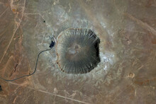 Barringer Meteor Crater Looking Down Aerial View From Above, Bird’s Eye View Barringer Crater, Coconino County, Arizona, USA