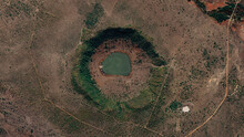 Tswaing Meteorite Crater Looking Down Aerial View From Above, Bird’s Eye View Tswaing Crater, Soshanguve, South Africa
